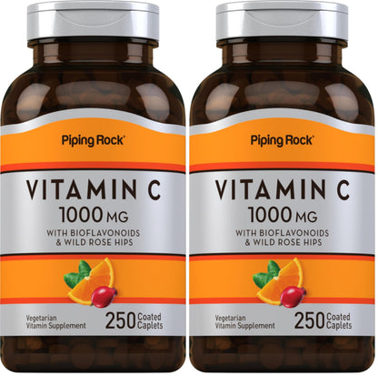 Piping Rock Vitamin C 1000mg - 250 Caplets | Bioflavonoids & Rose Hips | Vegetarian, Non-GMO, Gluten Free | Pack of 2
