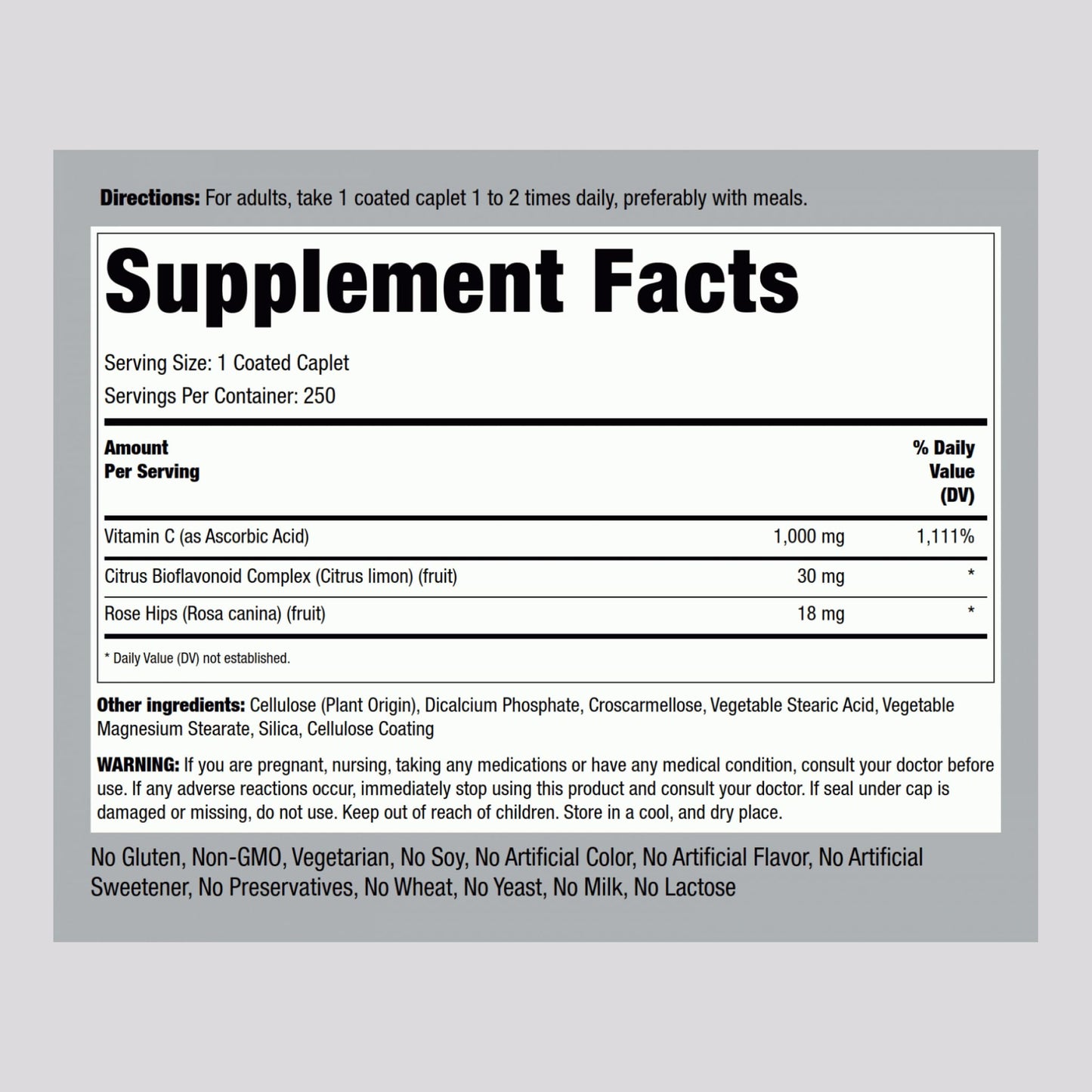 Piping Rock Vitamin C 1000mg - 250 Caplets | Bioflavonoids & Rose Hips | Vegetarian, Non-GMO, Gluten Free | Pack of 2