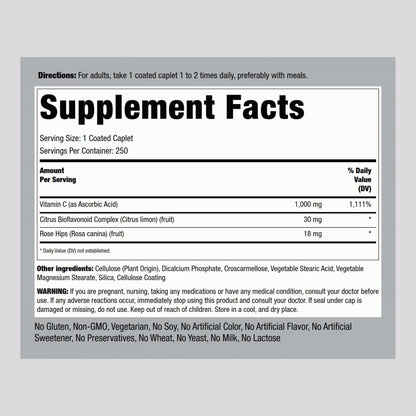 Piping Rock Vitamin C 1000mg - 250 Caplets | Bioflavonoids & Rose Hips | Vegetarian, Non-GMO, Gluten Free | Pack of 2