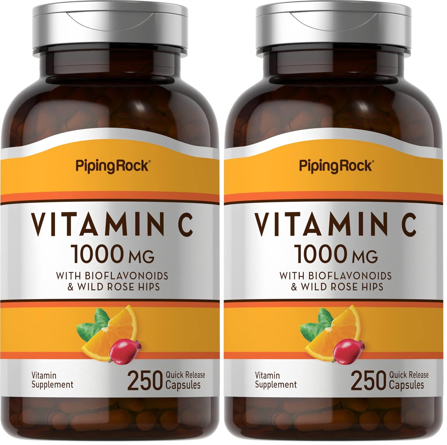 Piping Rock Vitamin C 1000mg – 250 Capsules | Bioflavonoids & Rose Hips | Pack of 2 | Non-GMO, Gluten Free