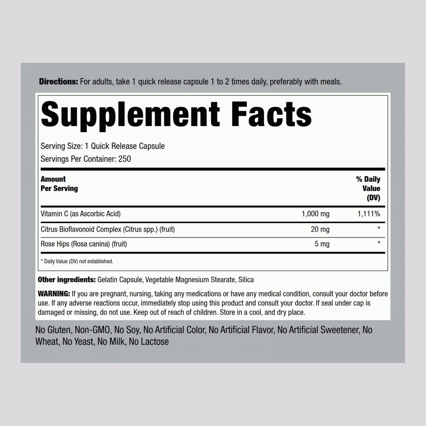 Piping Rock Vitamin C 1000mg – 250 Capsules | Bioflavonoids & Rose Hips | Pack of 2 | Non-GMO, Gluten Free