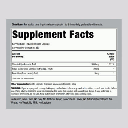 Piping Rock Vitamin C 1000mg – 250 Capsules | Bioflavonoids & Rose Hips | Pack of 2 | Non-GMO, Gluten Free