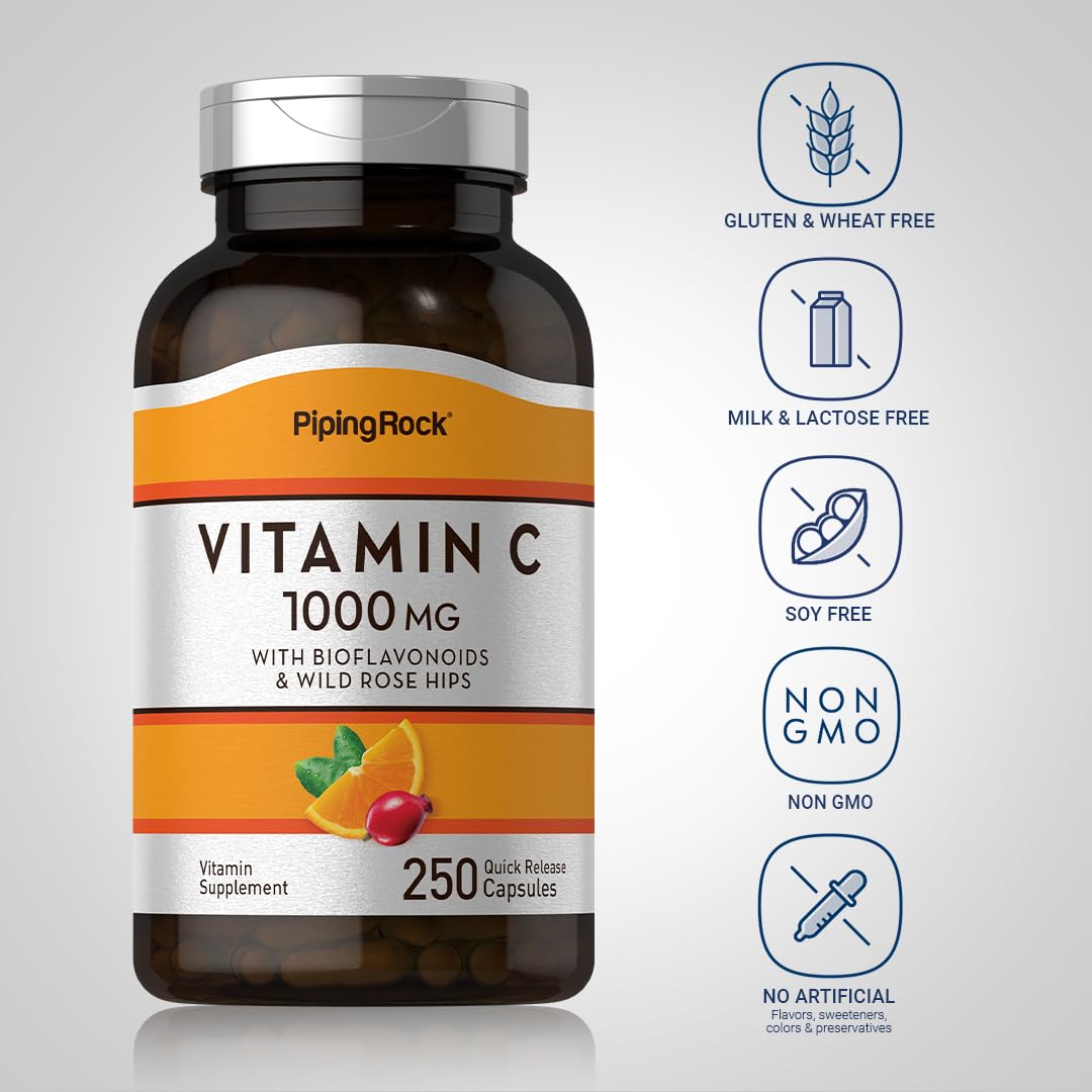 Piping Rock Vitamin C 1000mg – 250 Capsules | Bioflavonoids & Rose Hips | Pack of 2 | Non-GMO, Gluten Free