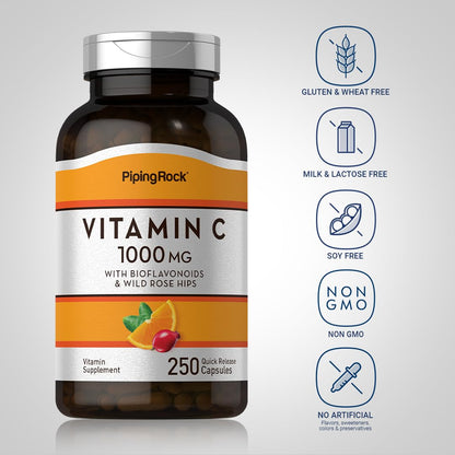 Piping Rock Vitamin C 1000mg – 250 Capsules | Bioflavonoids & Rose Hips | Pack of 2 | Non-GMO, Gluten Free