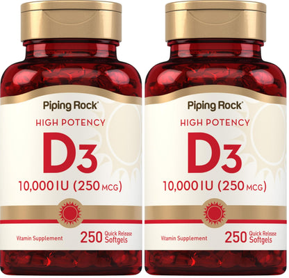 Piping Rock Vitamin D3 10,000 IU | 250 mcg, 250 Softgels | Pack of 2 | Non-GMO & Gluten Free