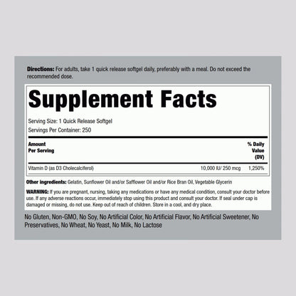 Piping Rock Vitamin D3 10,000 IU | 250 mcg, 250 Softgels | Pack of 2 | Non-GMO & Gluten Free