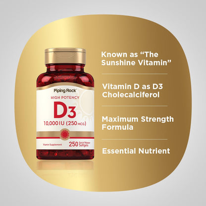 Piping Rock Vitamin D3 10,000 IU | 250 mcg, 250 Softgels | Pack of 2 | Non-GMO & Gluten Free