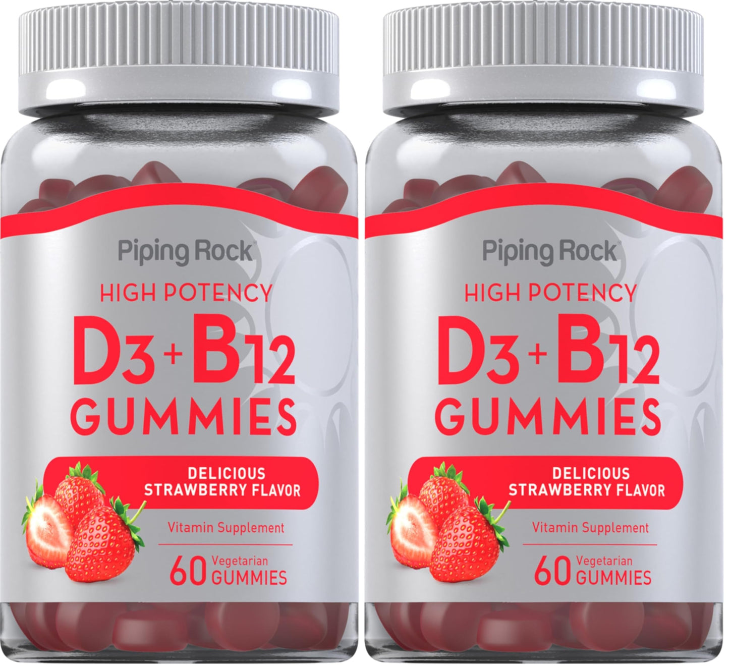 Piping Rock Vitamin D3 & B12 Gummies – 60 Count (Pack of 2) | High Potency, Strawberry Flavor, Vegetarian, Non-GMO, Gluten Free
