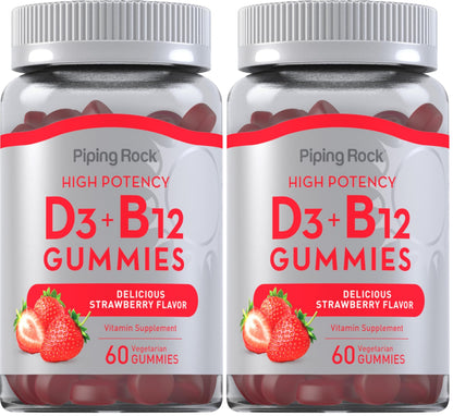 Piping Rock Vitamin D3 & B12 Gummies – 60 Count (Pack of 2) | High Potency, Strawberry Flavor, Vegetarian, Non-GMO, Gluten Free