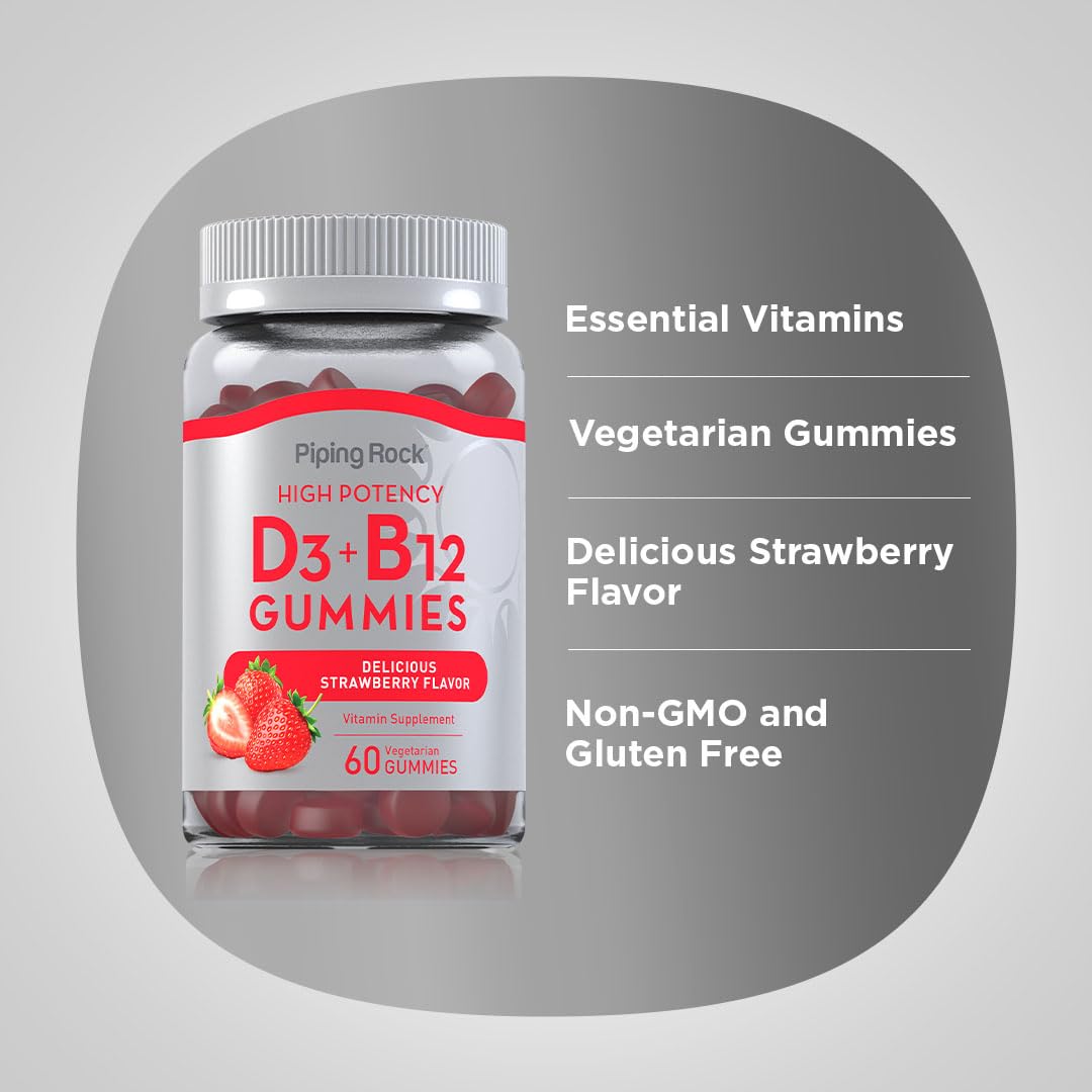 Piping Rock Vitamin D3 & B12 Gummies – 60 Count (Pack of 2) | High Potency, Strawberry Flavor, Vegetarian, Non-GMO, Gluten Free
