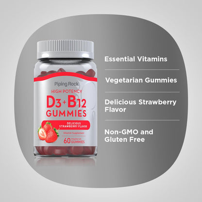 Piping Rock Vitamin D3 & B12 Gummies – 60 Count (Pack of 2) | High Potency, Strawberry Flavor, Vegetarian, Non-GMO, Gluten Free