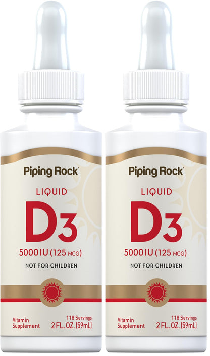 Piping Rock Vitamin D3 Liquid 5000 IU (125 mcg) - 2 oz | Vitamin D Drops for Adults | Vegetarian, Non-GMO, Gluten Free | Pack of 2
