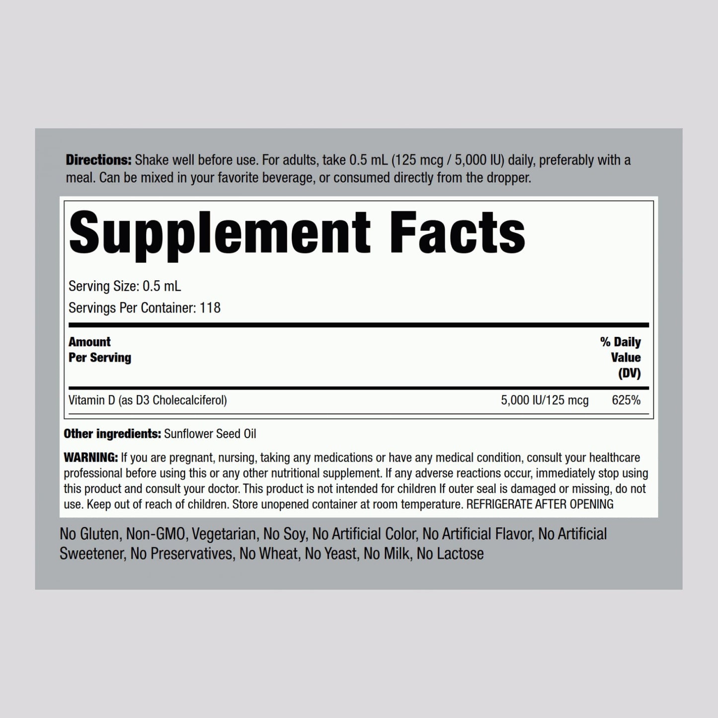 Piping Rock Vitamin D3 Liquid 5000 IU (125 mcg) - 2 oz | Vitamin D Drops for Adults | Vegetarian, Non-GMO, Gluten Free | Pack of 2