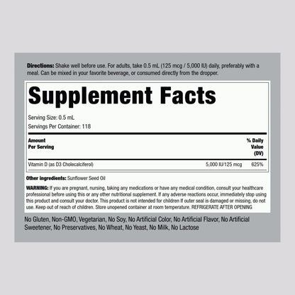 Piping Rock Vitamin D3 Liquid 5000 IU (125 mcg) - 2 oz | Vitamin D Drops for Adults | Vegetarian, Non-GMO, Gluten Free | Pack of 2