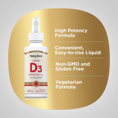 Piping Rock Vitamin D3 Liquid 5000 IU (125 mcg) - 2 oz | Vitamin D Drops for Adults | Vegetarian, Non-GMO, Gluten Free | Pack of 2