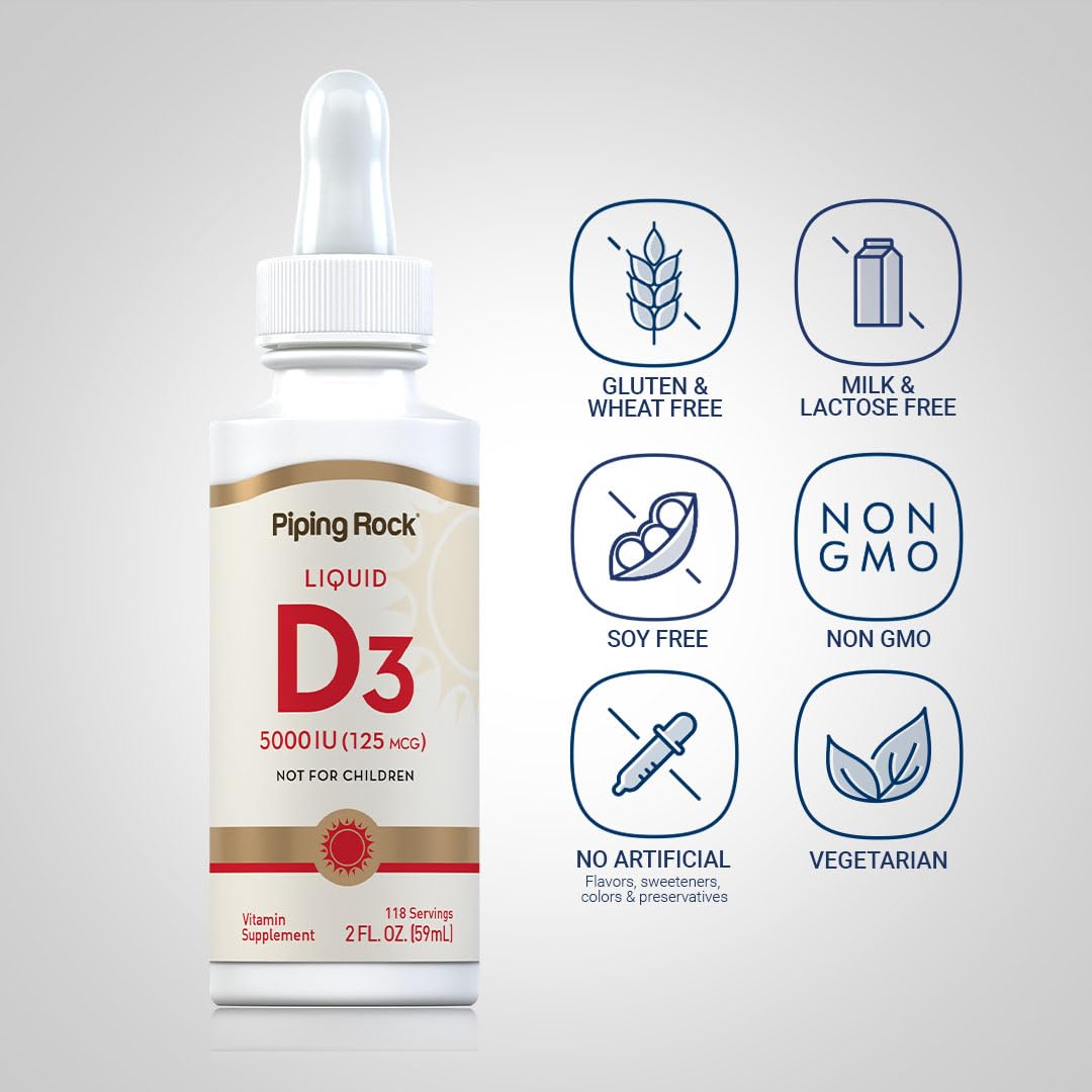 Piping Rock Vitamin D3 Liquid 5000 IU (125 mcg) - 2 oz | Vitamin D Drops for Adults | Vegetarian, Non-GMO, Gluten Free | Pack of 2