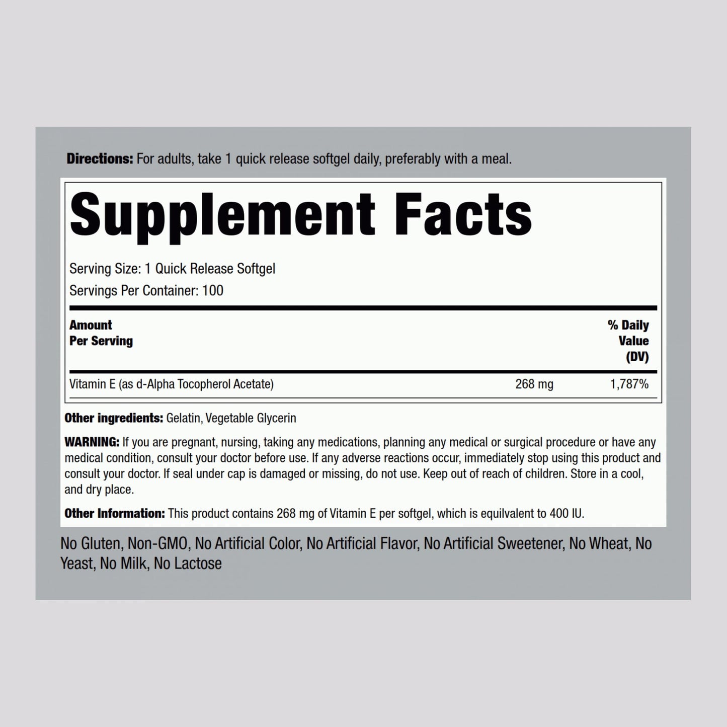 Piping Rock Vitamin E 400 IU Softgels – 100 Softgels | Non-GMO, Gluten Free