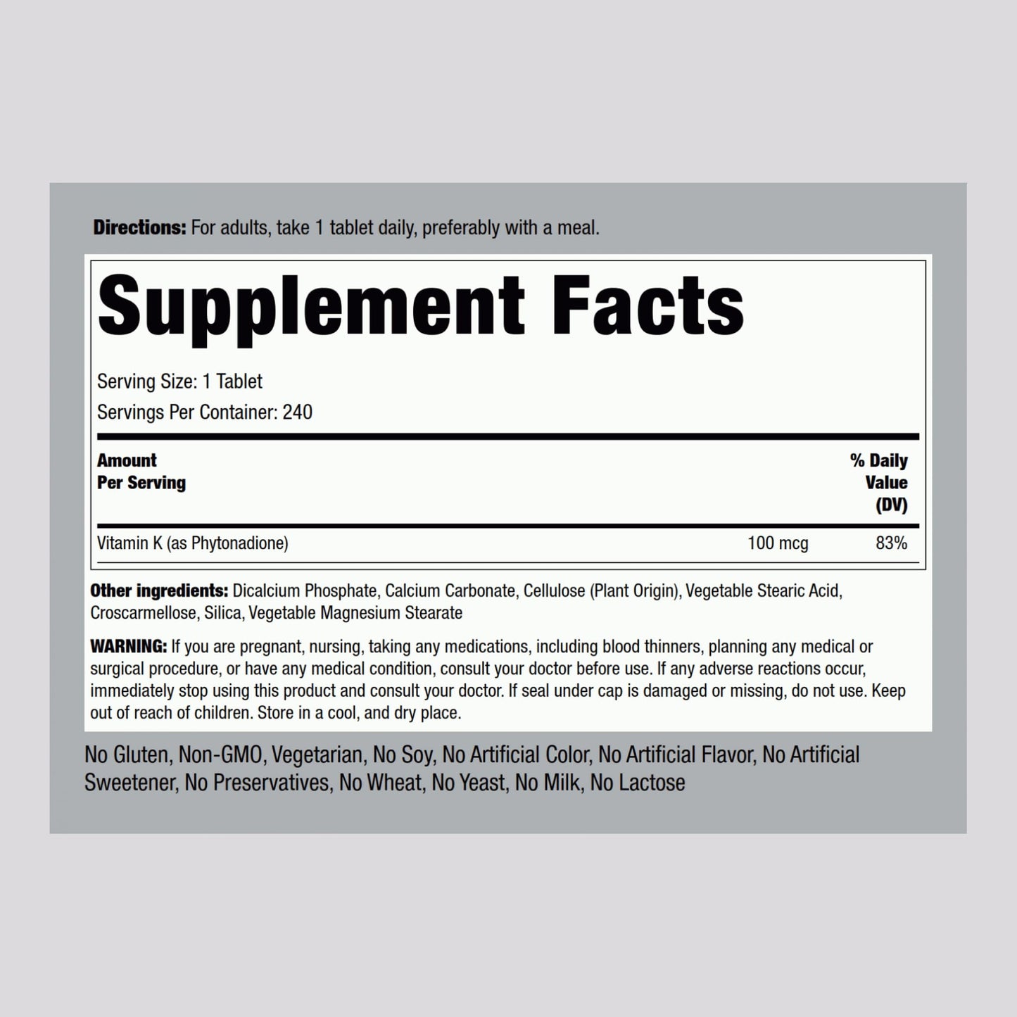 Piping Rock Vitamin K 100 mcg – 240 Tablets (Pack of 2) | Phytonadione