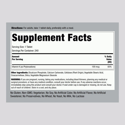 Piping Rock Vitamin K 100 mcg – 240 Tablets (Pack of 2) | Phytonadione