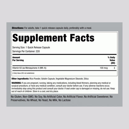 Piping Rock Vitamin K2 MK4 Supplement 100 mcg - 220 Capsules Pack of 2 | Non-GMO & Gluten Free