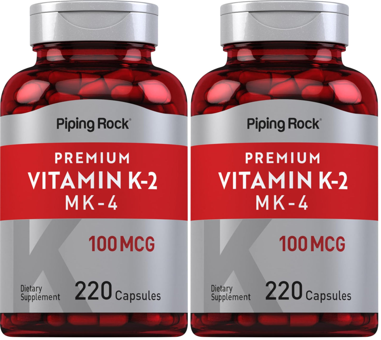 Piping Rock Vitamin K2 MK4 Supplement 100 mcg - 220 Capsules Pack of 2 | Non-GMO & Gluten Free