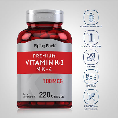 Piping Rock Vitamin K2 MK4 Supplement 100 mcg - 220 Capsules Pack of 2 | Non-GMO & Gluten Free
