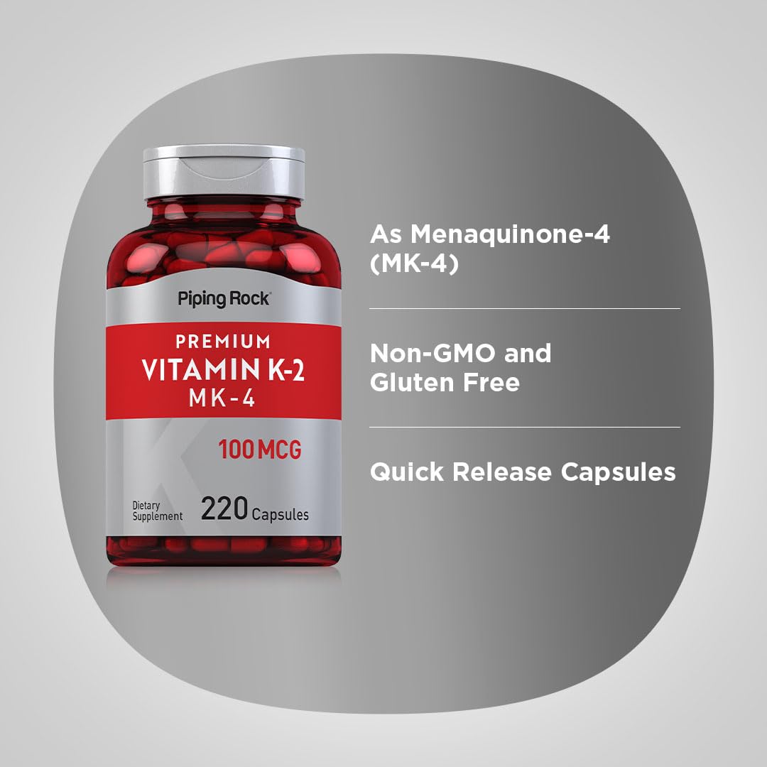 Piping Rock Vitamin K2 MK4 Supplement 100 mcg - 220 Capsules Pack of 2 | Non-GMO & Gluten Free