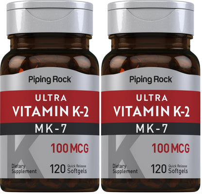 Piping Rock Vitamin K2 MK7 100 mcg - 120 Softgels (Pack of 2) | Non-GMO Gluten Free