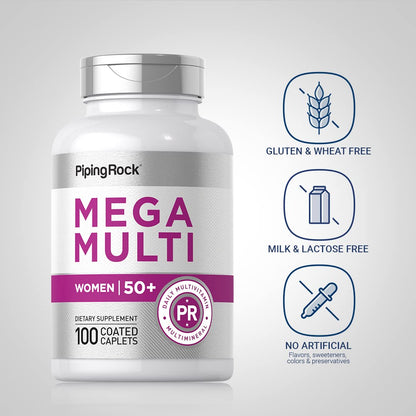 Piping Rock Women's Multivitamin 50+ (Pack of 2) – 100 Coated Caplets | Non-GMO, Gluten Free