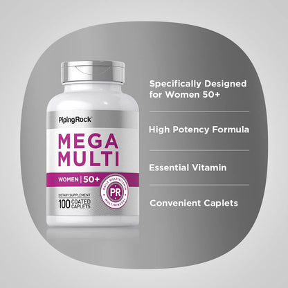 Piping Rock Women's Multivitamin 50+ (Pack of 2) – 100 Coated Caplets | Non-GMO, Gluten Free