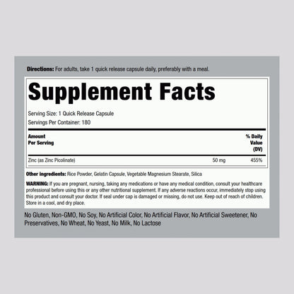 Piping Rock Zinc Picolinate 50mg - 180 Capsules (Non-GMO, Gluten Free)