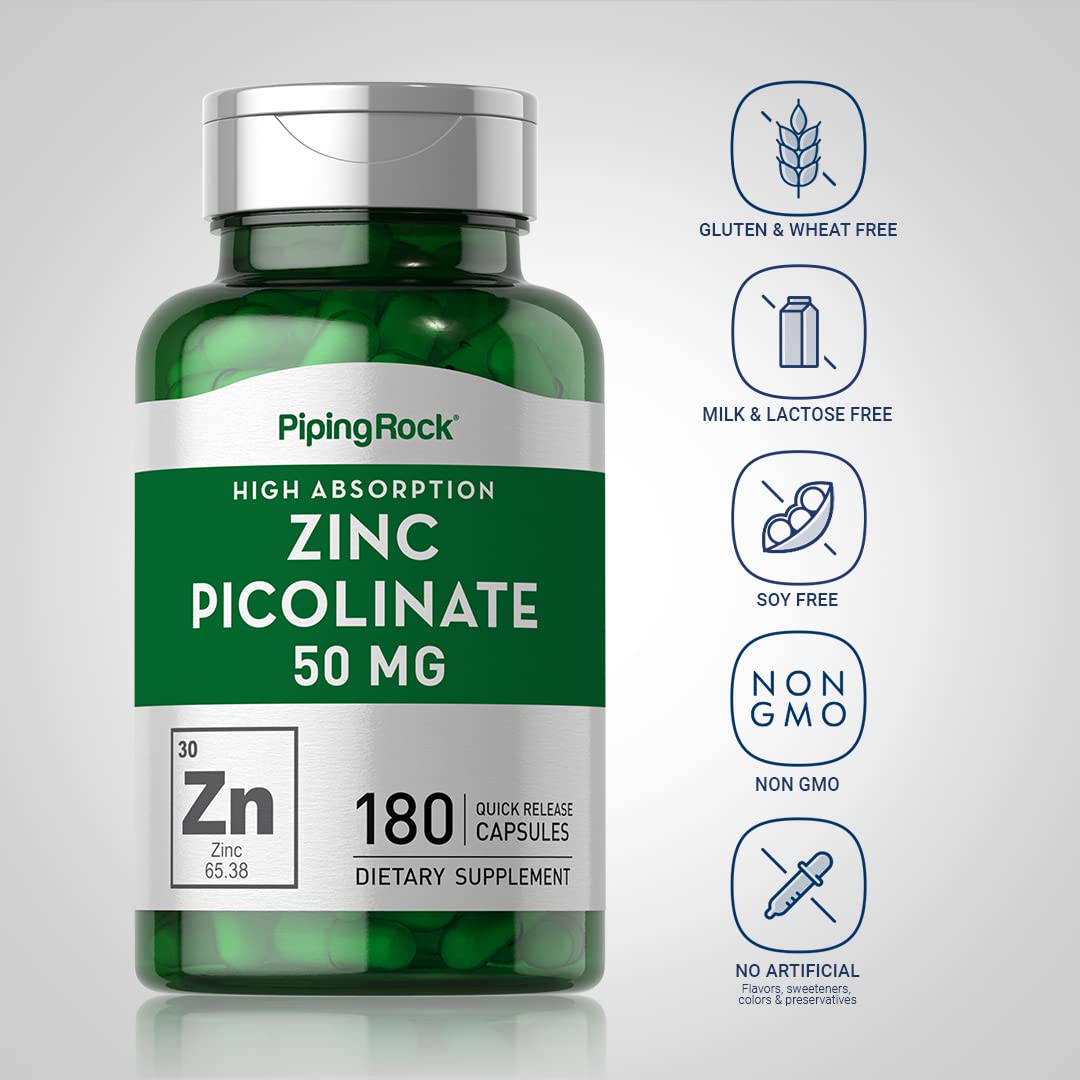 Piping Rock Zinc Picolinate 50mg - 180 Capsules (Non-GMO, Gluten Free)