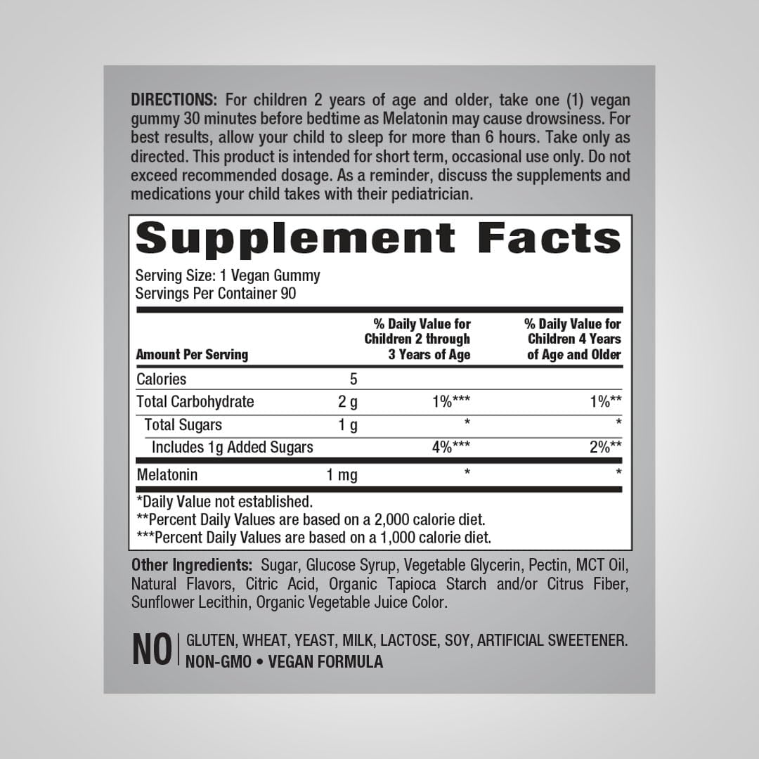 Piping Rock Kids Melatonin Gummy 1mg – Cherry, 90 Gummies | Vegan, Non-GMO, Gluten Free (Pack of 2)