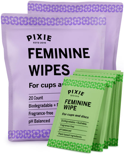 Pixie Cup Feminine Wipes – Flushable, Biodegradable, pH-Balanced & Unscented (40 Count)