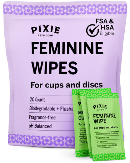 Pixie Cup Feminine Wipes – Flushable, Biodegradable, pH-Balanced, Unscented