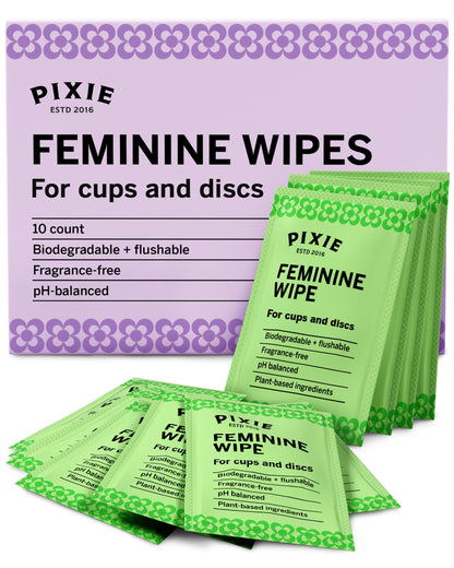 Pixie Cup Feminine Wipes – Flushable, Biodegradable, pH Balanced & Unscented | On-The-Go Cup Care