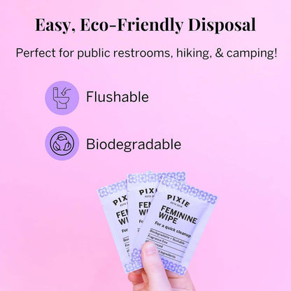 Pixie Cup Feminine Wipes – Flushable, Biodegradable, pH-Balanced, Unscented