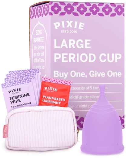Pixie Cup - Soft Safe Reusable Menstrual Cup 100% Medical-Grade Silicone | Buy One Give One (Purple, Large)