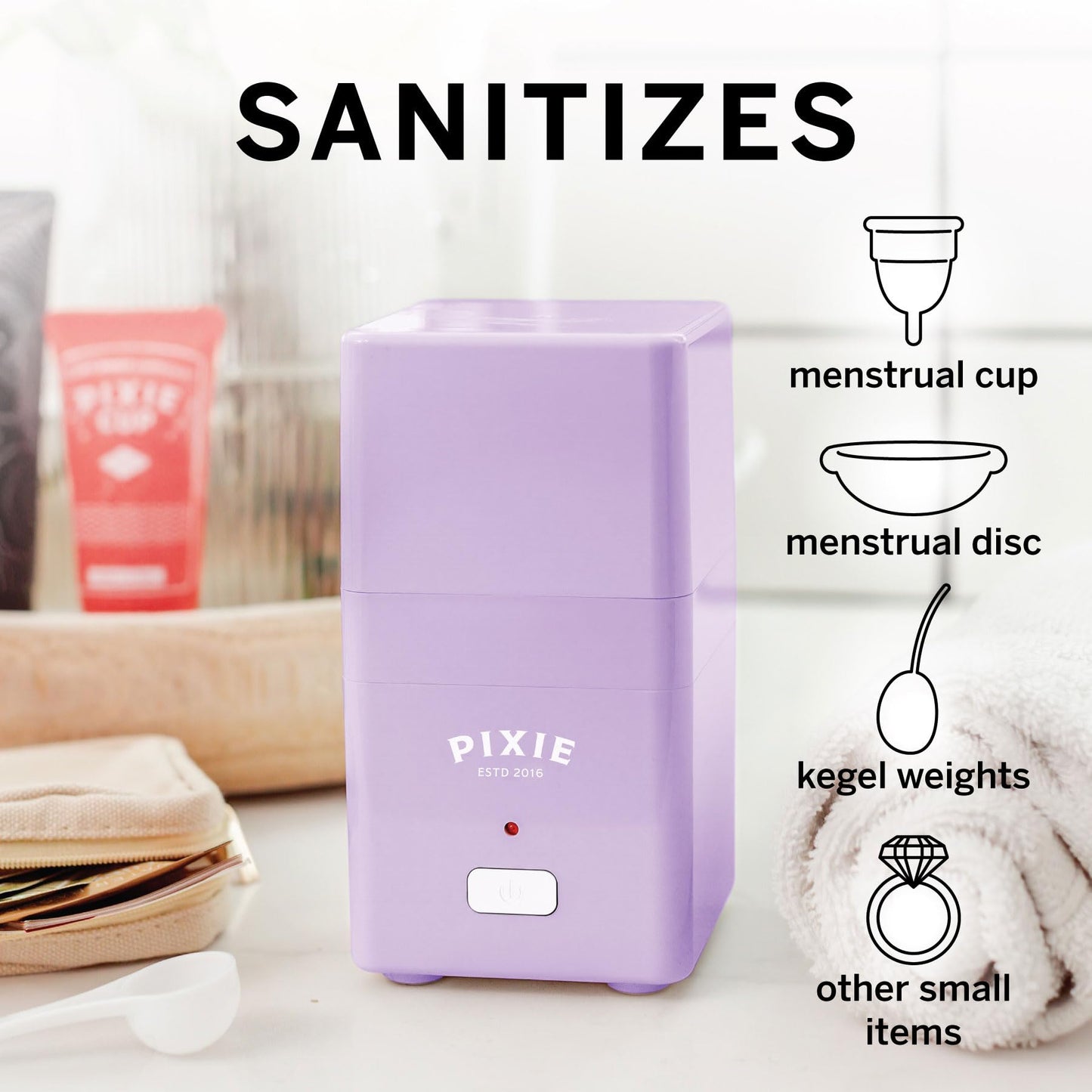 Pixie Menstrual Cup Sterilizer — 3-Minute Steam, Auto Shut-Off, 99.9% Germ Kill