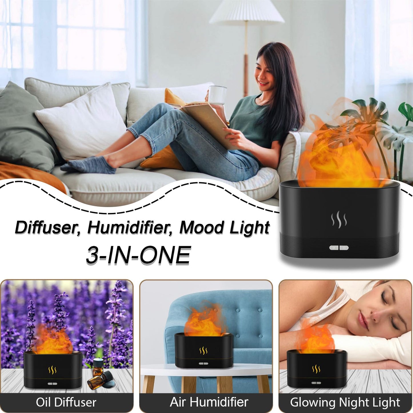 PIZAY Flame LED Essential Oil Diffuser – 180mL, Auto-Off, Black