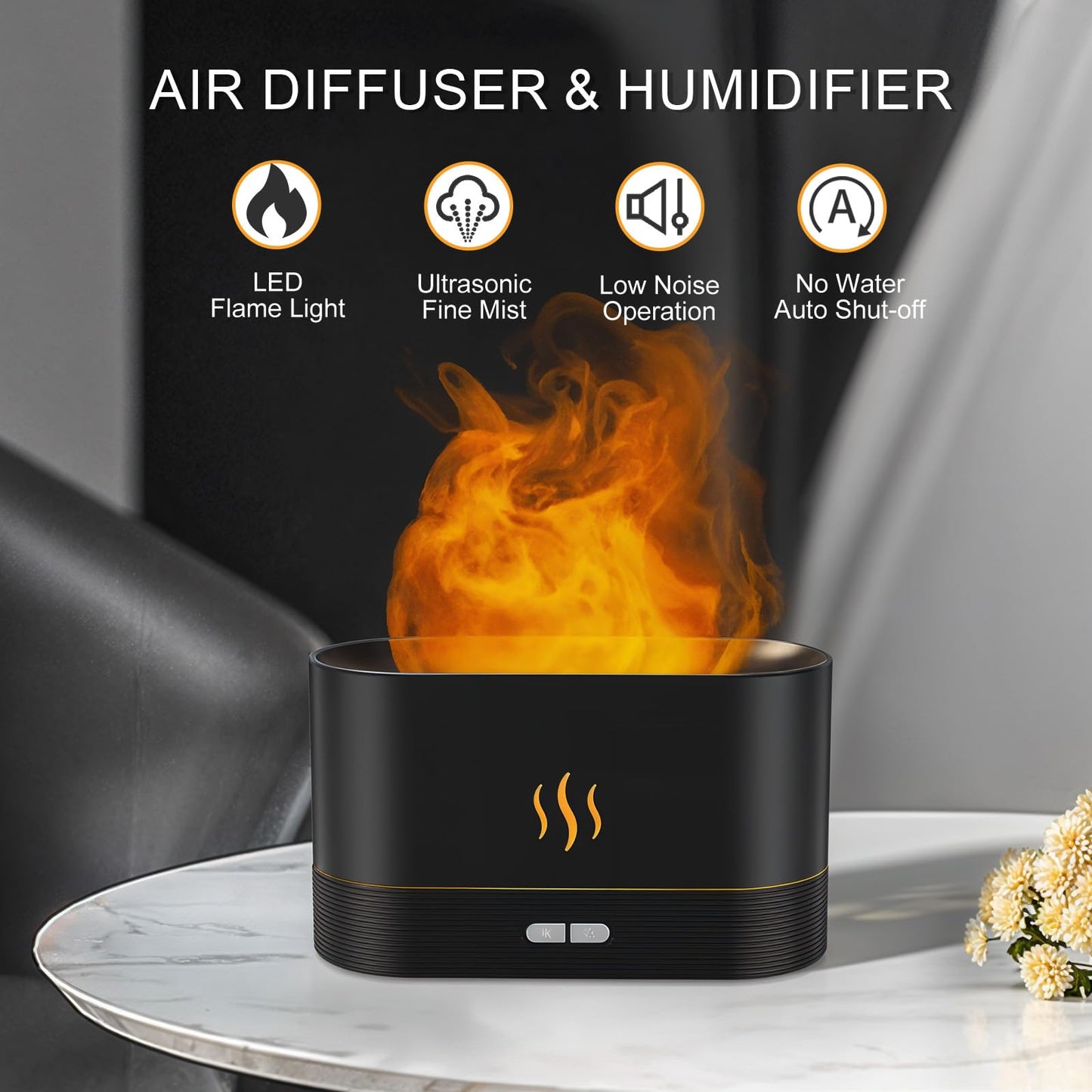 PIZAY Flame LED Essential Oil Diffuser – 180mL, Auto-Off, Black
