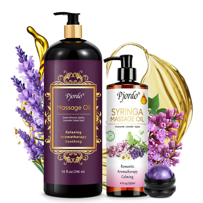 Pjordo 2 Pack Massage Oils Set | Lavender & Lilac Aromatherapy with Roller Ball