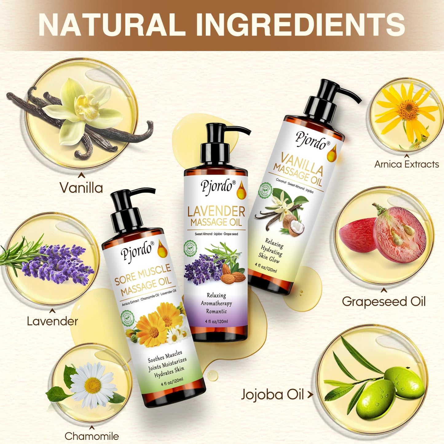Pjordo 3 Pack Massage Oils & Roller Ball – Vanilla, Lavender & Arnica | Spa Gift Set