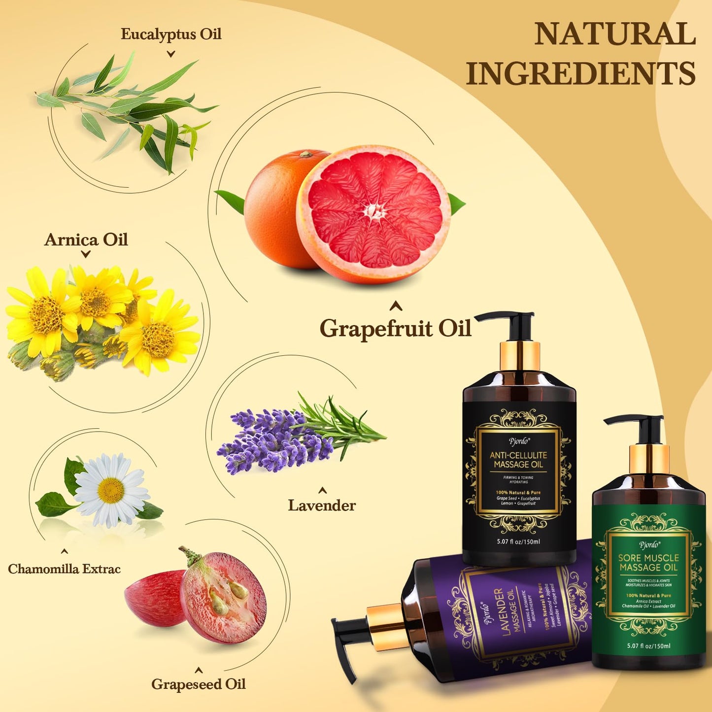 Pjordo 3-Pack Massage Oil Set: Anti-Cellulite, Arnica & Lavender