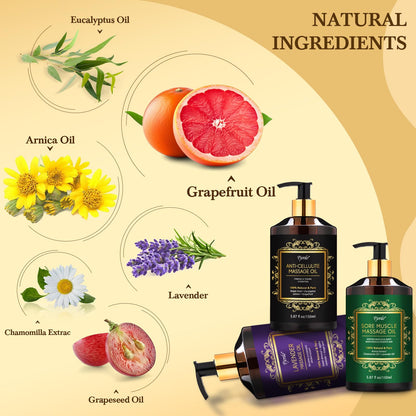 Pjordo 3-Pack Massage Oil Set: Anti-Cellulite, Arnica & Lavender