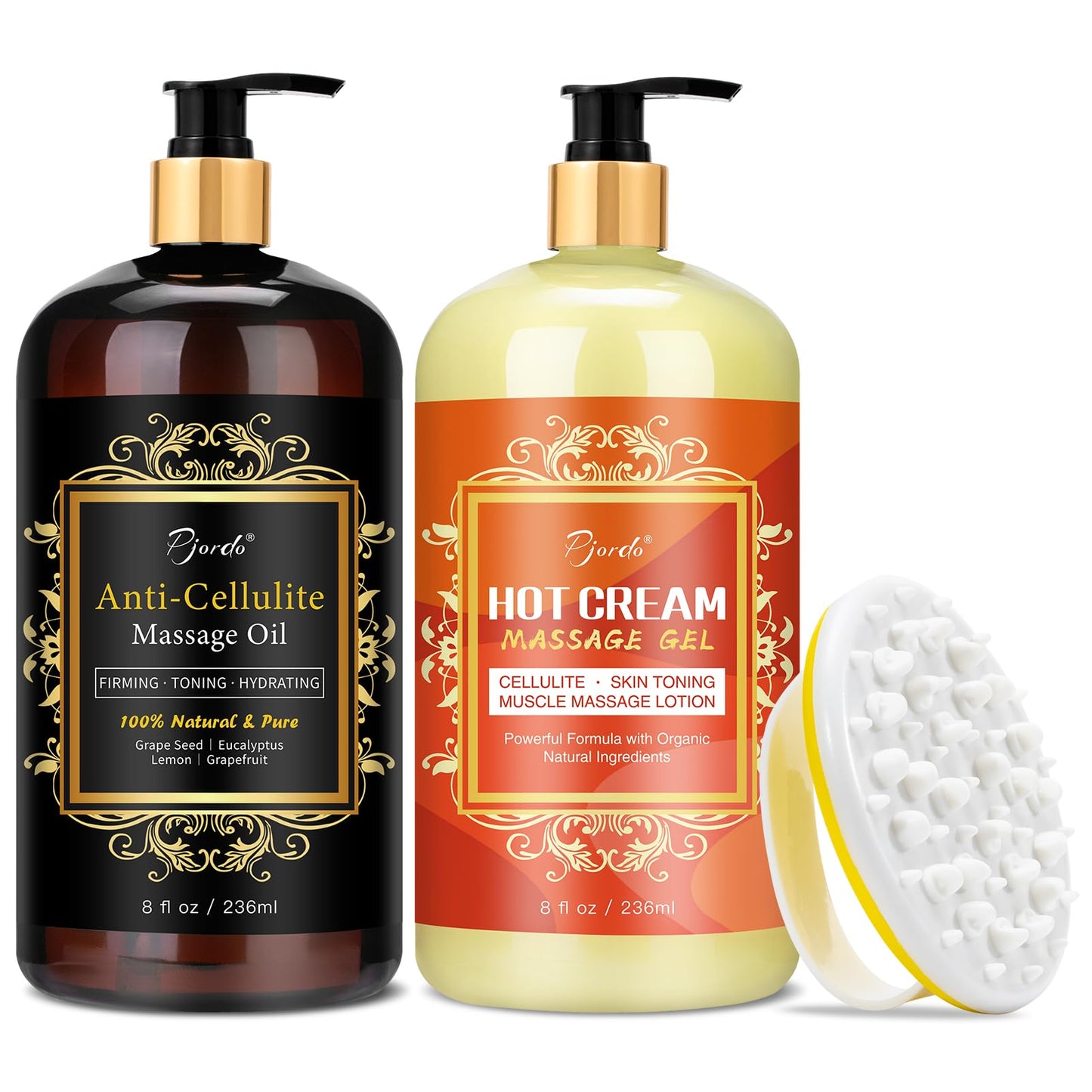 Pjordo Anti Cellulite Massage Oil & Hot Cream Set – 8 oz Each