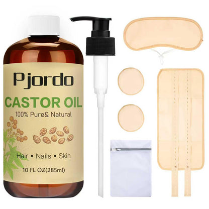 Pjordo Cotton Castor Oil Pack Wrap — 10oz Cold-Pressed Oil, Reusable Pack