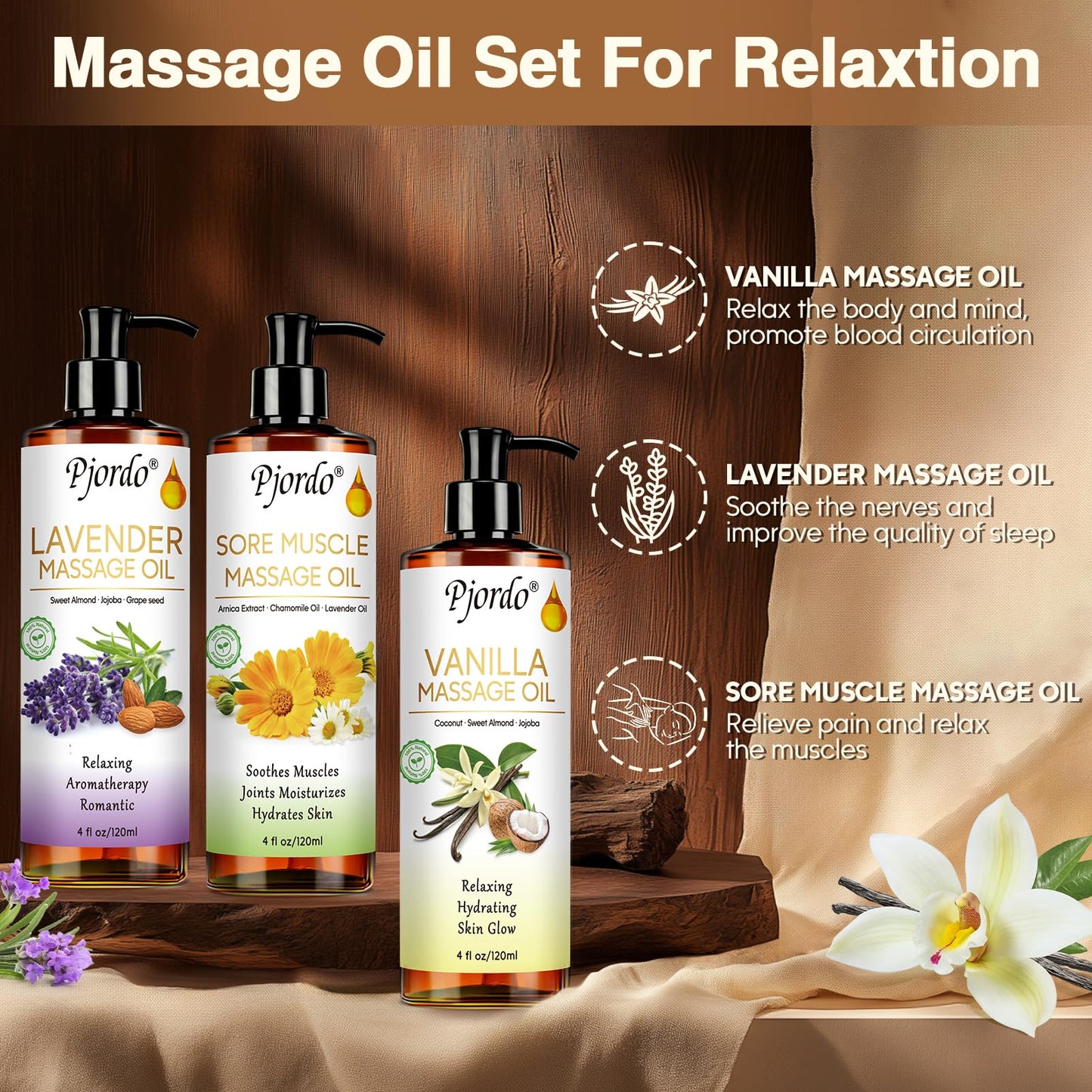 Pjordo 3 Pack Massage Oils & Roller Ball – Vanilla, Lavender & Arnica | Spa Gift Set