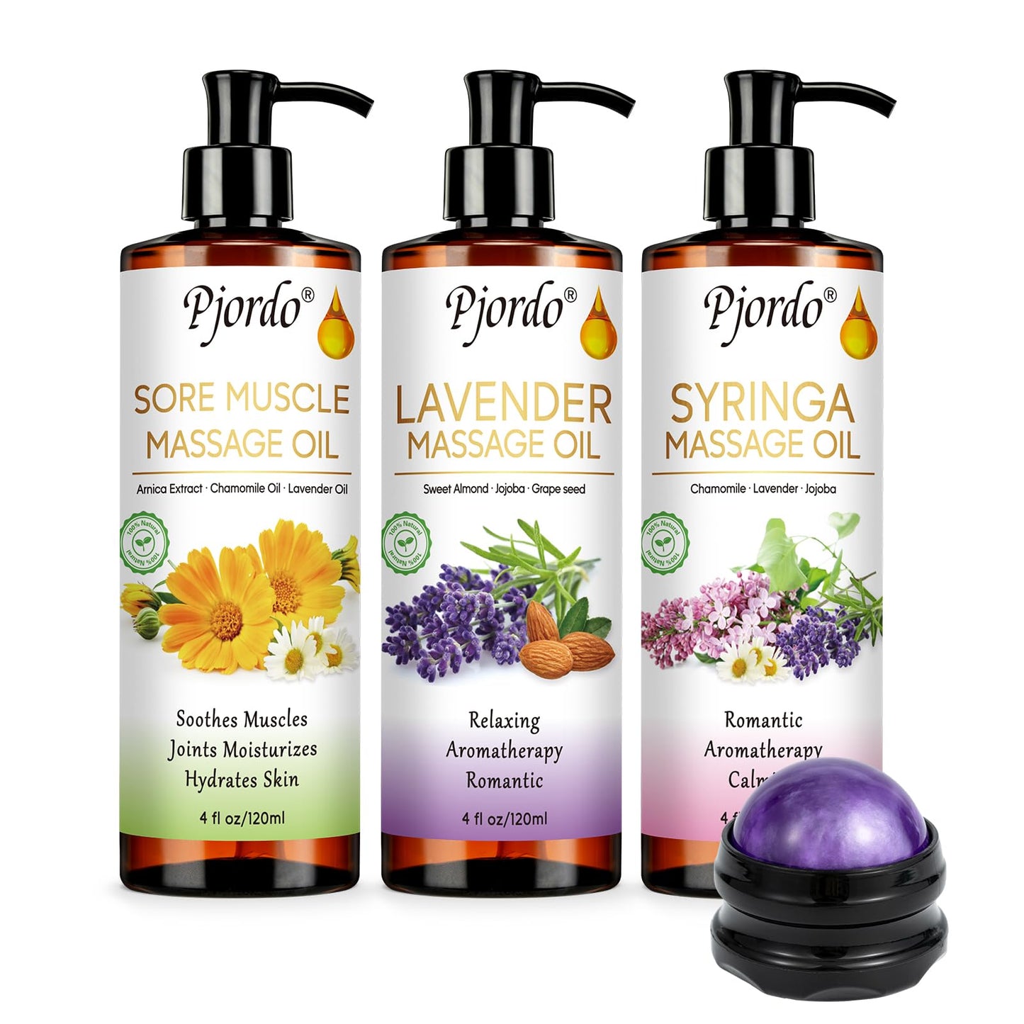 Pjordo Massage Oil Kit – Lilac, Lavender & Arnica with Roller Ball | Spa Gift Set