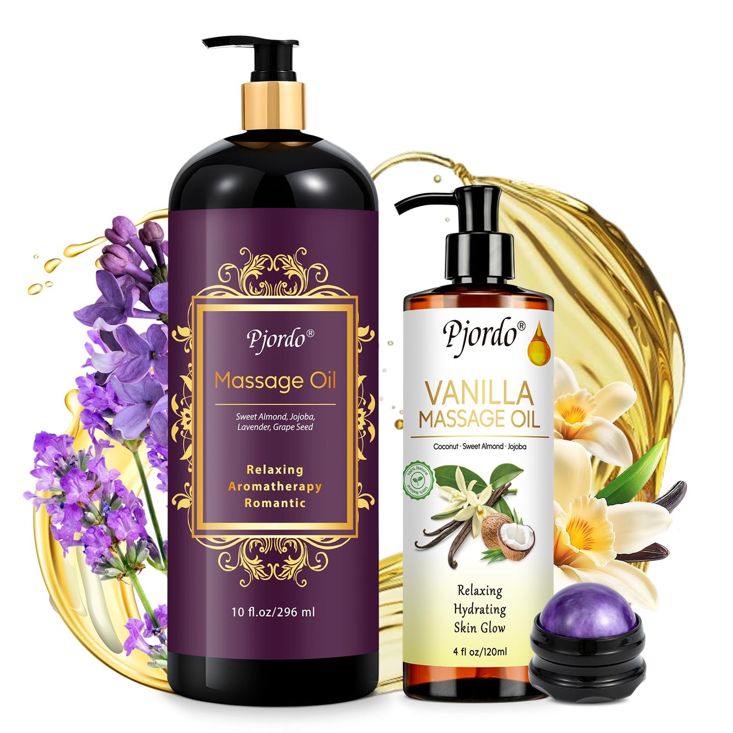 Pjordo Massage Oil Set – Lavender & Vanilla with Roller Ball | Soothing Spa Gift